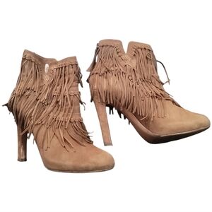 Jean Michelle Cazabat pepe tan fringe suede leather ankle boots booties 38.5 8.5